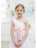 One Shoulder White Lace Chiffon Long Flower Girl Dress